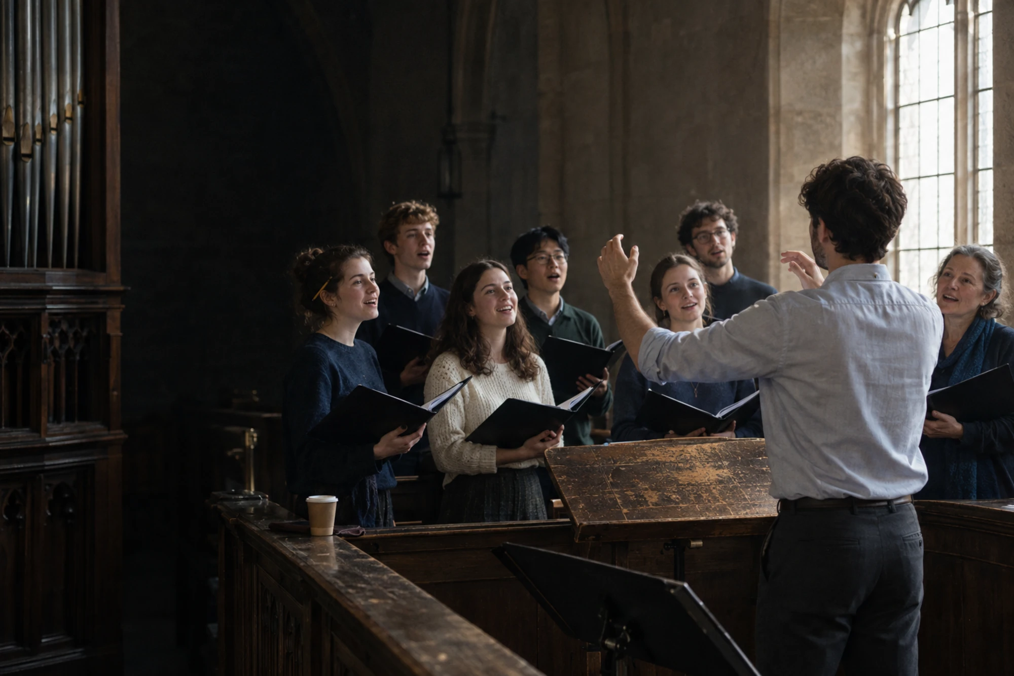 Illustrative choir rehearsal led by a conductor